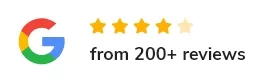 Google review: 4. 5 stars from 200+ reviews, high rating, customer satisfaction.
