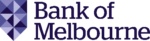 Bank of melbourne logo featuring blue geometric shield and classic serif font text.